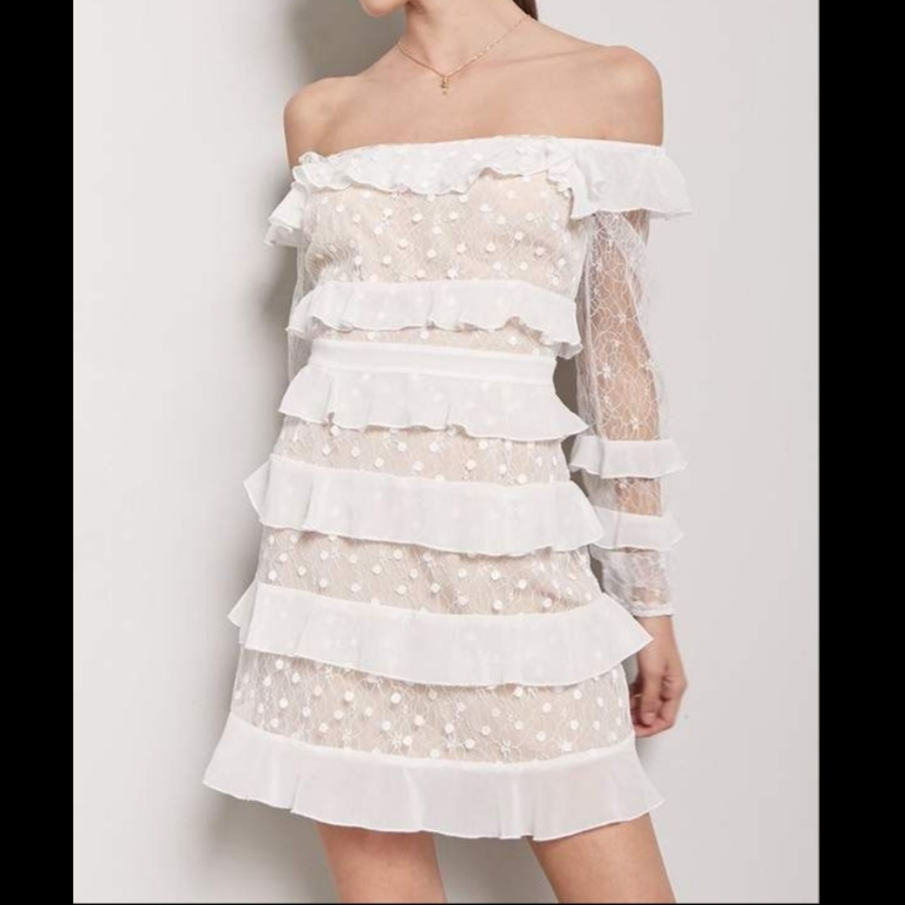 Forever 21 mesh panel ruffle long sleeve mini dres